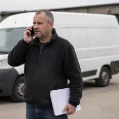 Mężczyzna rozmawia przez telefon, trzymając dokumenty. Obok stoi biały bus. Gdzie jest bus?
