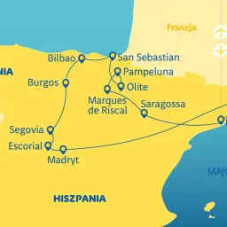 Mapa pokazuje najlepsza trasę do Hiszpanii, łączącą Madryt, Barcelonę, San Sebastian i inne miasta.