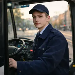 Młody kierowca autobusu w granatowej kurtce i czapce siedzi za kierownicą. Ile osób zmieści się w tym pojeździe?