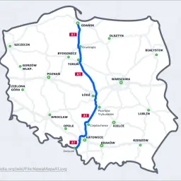 Mapa Polski z zaznaczoną autostradą A1. Pokazuje, ile jest autostrad w Polsce, łącząc główne miasta od Bałtyku po Czechy.
