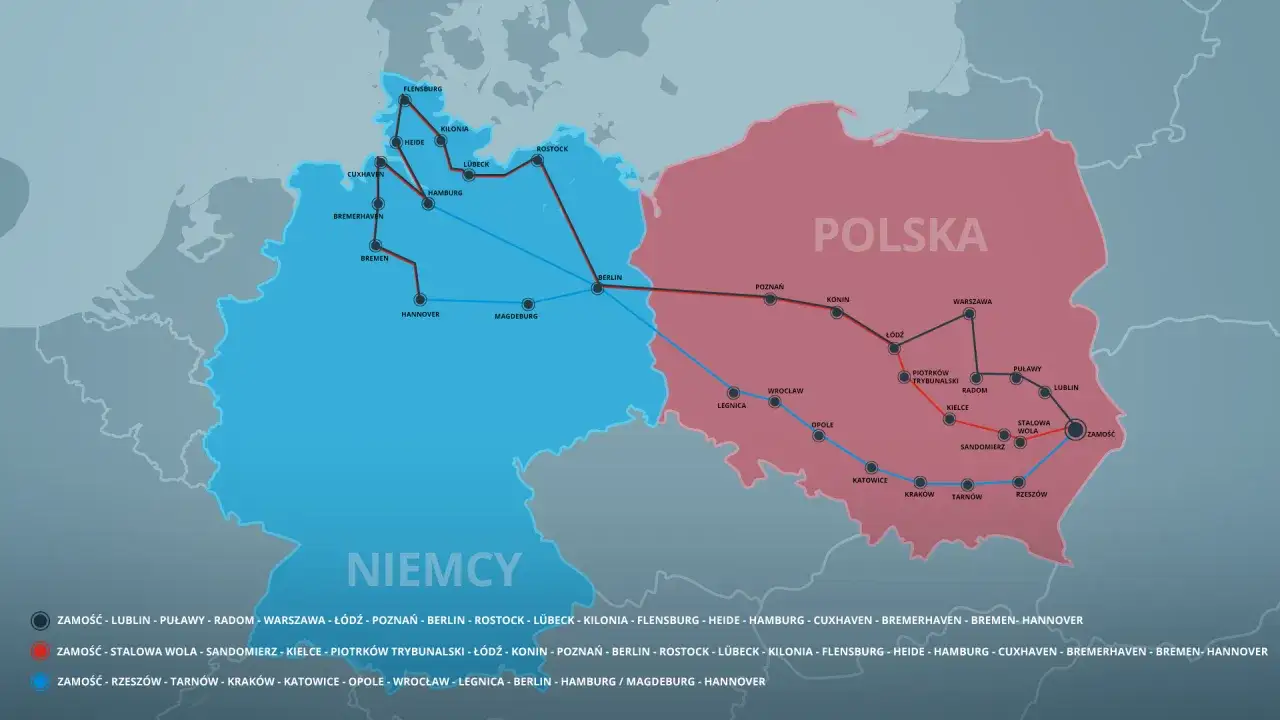 Mapa tras autobusowych Polska-Niemcy. Sprawdź, ile kosztuje bus do Niemiec, wybierając trasę z listy.