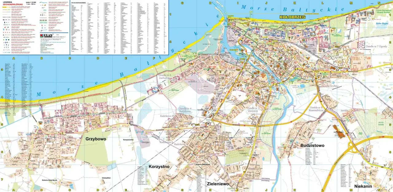 Mapa Kołobrzegu z zaznaczonymi ulicami i osiedlami, idealna do planowania najlepsza trasa do Kołobrzegu.