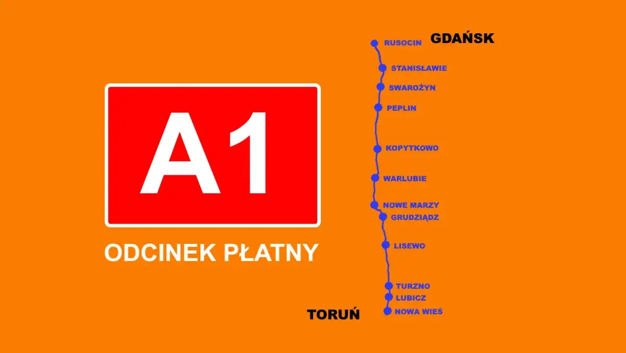 Autostrada A1 od Rusocina do Torunia jest płatna. Mapa pokazuje odcinek z zaznaczonymi miejscowościami.
