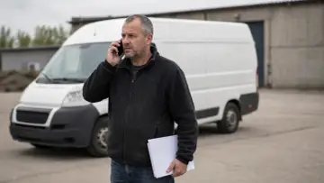 Mężczyzna rozmawia przez telefon, trzymając dokumenty. Obok stoi biały bus. Gdzie jest bus?