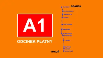 Autostrada A1 na odcinku od Torunia do Gdańska jest płatna. Mapa pokazuje trasę z zaznaczonymi miejscowościami.