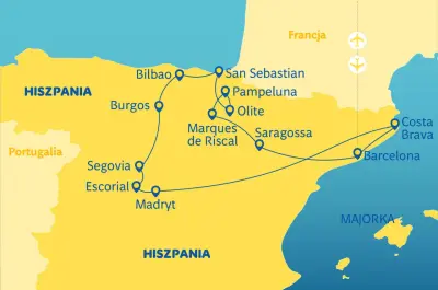 Mapa pokazuje najlepsza trasę do Hiszpanii, łączącą Madryt, Barcelonę, San Sebastian i inne miasta.